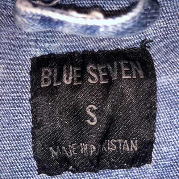 Distressed Patched Painted Acid Wash Stretch Denim Jacket Mens Small Blue Seven - Picture 4 of 4